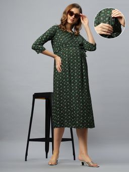 Mamma's Maternity - Green Cotton Round Neck Floral Printed Maternity/Feeding Short Dress