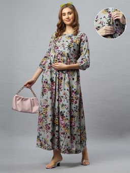 Mamma's Maternity - Grey Chiffon Round Neck Floral Printed Maternity/Feeding Long Dress