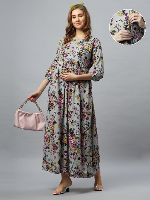 feeding maxi dress Oversized Stylized Floral Picoting Maternity & Feeding Maxi Dress for   Mangai Nighties