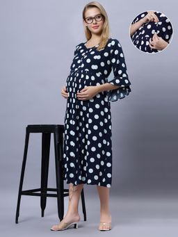 Mamma's Maternity - Navy Blue Rayon Round Neck Polka Printed Maternity/Feeding Short Dress