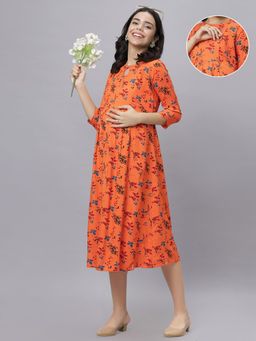Mamma's Maternity - Orange Rayon Keyhole Neck Botanical Printed Maternity/Feeding Short Dress