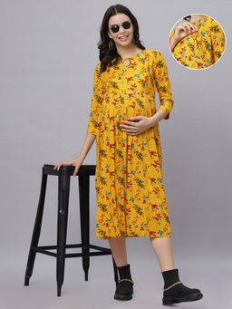 Mamma's Maternity - Yellow Rayon Keyhole Neck Botanical Printed Maternity/Feeding Short Dress