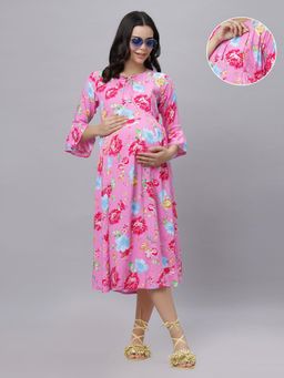 Mamma's Maternity - Pink Rayon Tie-up Neck Floral Printed Maternity/Feeding Short Dress
