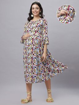 Mamma's Maternity - Multi Color Rayon Tie-up Neck Abstarct Printed Maternity/Feeding Short Dress