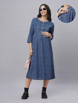 Mamma's Maternity - Light Blue Cotton Round Neck Geometric Printed Maternity/Feeding Short Dress