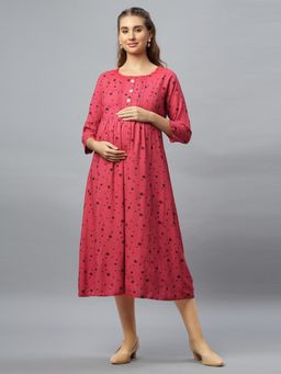 Mamma's Maternity - Red Cotton Round Neck Geometric Printed Maternity/Feeding Short Dress