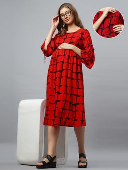 Mamma's Maternity - Red Rayon Round Neck Checks Printed Maternity/Feeding Short Dress