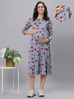Mamma's Maternity - Grey Rayon Round Neck Floral Printed Maternity/Feeding Short Dress
