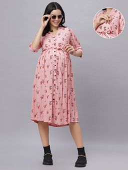 Mamma's Maternity - Pink Rayon Manderian Neck Lace Printed Maternity/Feeding Short Dress