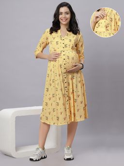 Mamma's Maternity - Yellow Rayon Manderian Neck Lace Printed Maternity/Feeding Short Dress