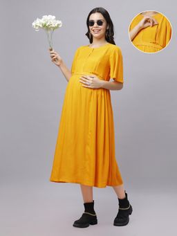 Mamma's Maternity - Yellow Rayon Round Neck Solid Maternity/Feeding Short Dress