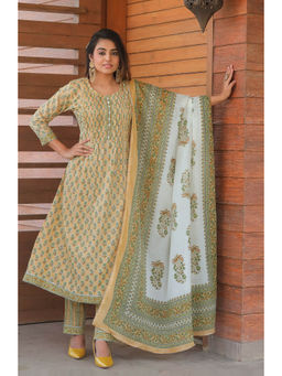 Rajnandini - Womens Pure Cotton Light Yellow & Light Green Kurta with Dupatta (Set of 3)