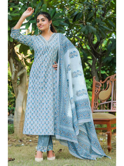 Rajnandini - Womens Pure Cotton Grey & Blue Kurta with Dupatta (Set of 3)