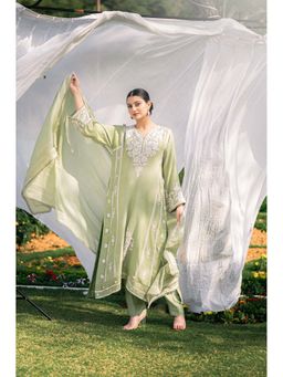 Daljit Sudan - Mint Green Muslin Kurta with Pant and Dupatta (Set of 3)