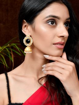Silvermerc Designs - Gold Plated & Black Stone Studded Handcrafted Jhumkas Secured with A Post