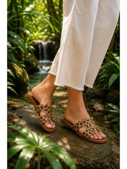 Sandal Stories - Women Brown Leopard Print Studded H-Cut Flats