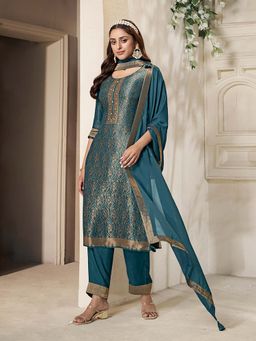 Seerat - Teal Woven Kurta with Pant and Dupatta (Set of 3)