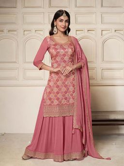 Seerat - Pink Embroidered Kurta with Palazzo and Dupatta (Set of 3)