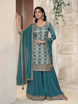 Seerat - Teal Embroidered Kurta with Palazzo and Dupatta (Set of 3)