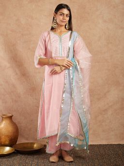 JS Label  - JS LABEL Light Pink Chanderi Silk A-Line Kurta With Pants