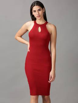 SHOWOFFFF - Womens Bodycon Maroon Solid Dress