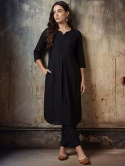 Jaipur Kurti - Black Solid/Plain Viscose Rayon Kurta with Pant