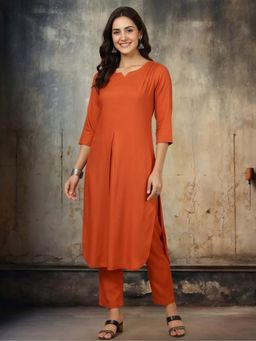 Jaipur Kurti - Rust Solid/Plain Viscose Rayon Kurta with Pant