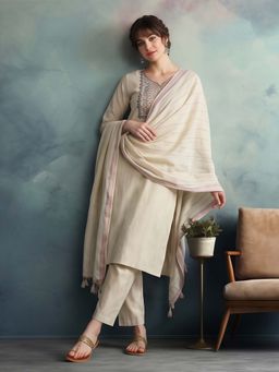 Jaipur Kurti - Beige Embroidered Pure Cotton Kurta and Pant with Dupatta