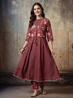 Jaipur Kurti - Brown Floral Viscose Rayon Anarkali and Pant with Shrug