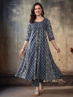 Jaipur Kurti - Grey Printed Pure Cotton Anarkali with Pant