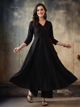 Jaipur Kurti - Black Embroidered Pure Cotton Anarkali with Pant