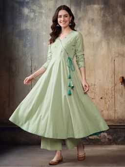 Jaipur Kurti - Green Embroidered Pure Cotton Anarkali with Pant