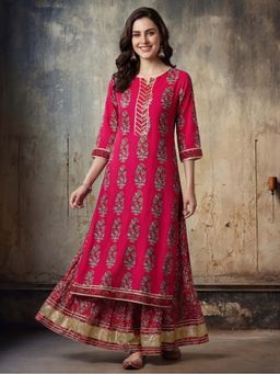 Jaipur Kurti - Pink Floral Viscose Rayon Kurta with Lehenga