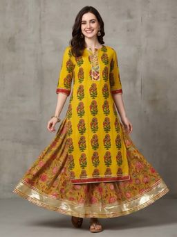 Jaipur Kurti - Mustard Floral Pure Cotton Kurta with Lehenga
