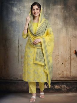 Jaipur Kurti - Yellow Printed Pure Cotton Kurta and Pant with Dupatta