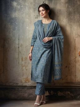 Jaipur Kurti - Blue Floral Pure Cotton Kurta and Pant with Dupatta