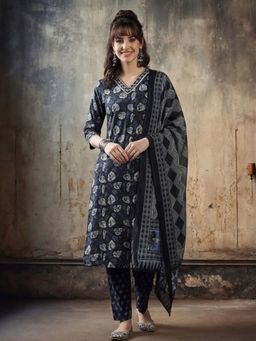 Jaipur Kurti - Black Printed Pure Cotton Kurta and Pant with Dupatta