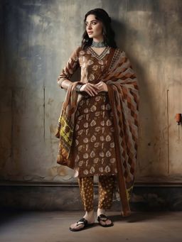 Jaipur Kurti - Mustard Printed Pure Cotton Kurta and Pant with Dupatta