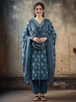 Jaipur Kurti - Teal Printed Pure Cotton Kurta and Pant with Dupatta