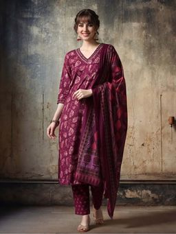 Jaipur Kurti - Wine Printed Pure Cotton Kurta and Pant with Dupatta