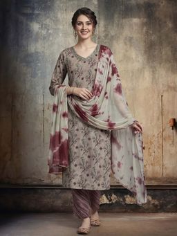 Jaipur Kurti - Brown Floral Pure Cotton Kurta and Pant with Dupatta
