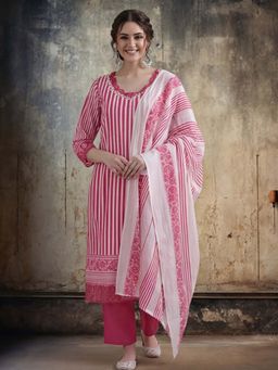 Jaipur Kurti - Pink Stripes Pure Cotton Kurta and Pant with Dupatta