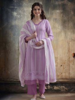 Jaipur Kurti - Purple Stripes Pure Cotton Kurta and Pant with Dupatta
