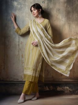 Jaipur Kurti - Mustard Stripes Pure Cotton Kurta and Pant with Dupatta