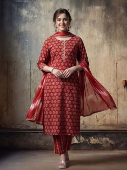 Jaipur Kurti - Red Printed Pure Cotton Kurta and Pant with Dupatta