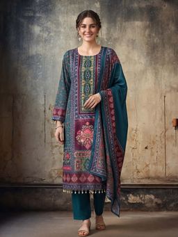 Jaipur Kurti - Teal Embroidered Chinon Kurta and Pant with Dupatta