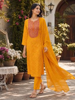 Nayam by lakshita - Mustard Embroidered Viscose Rayon Kurta and Pant with Dupatta