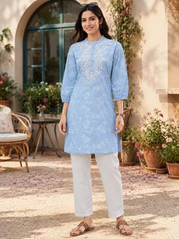 Nayam by lakshita - Blue Printed Pure Cotton Kurti with Pant