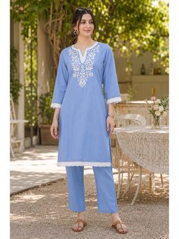 Nayam by lakshita - Blue Embroidered Cotton Blend Kurta with Pant