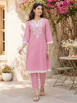 Nayam by lakshita - Pink Embroidered Cotton Blend Kurta with Pant